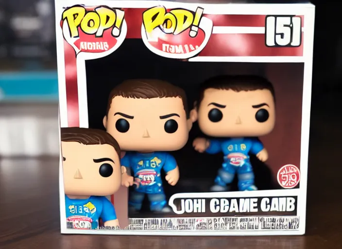 Image similar to product still of John Cena funko pop with box, 85mm f1.8