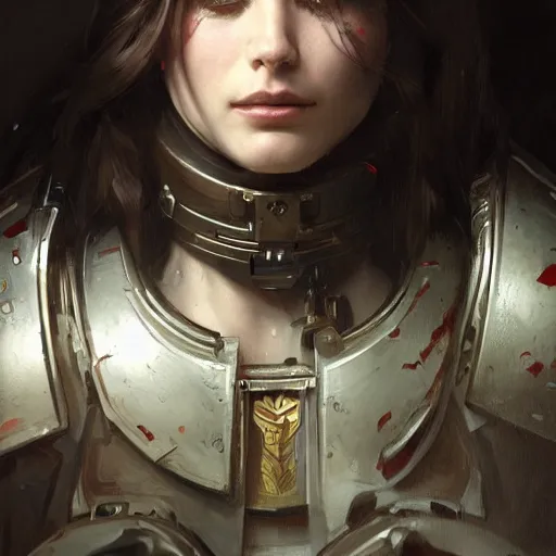 Image similar to A pale young french woman as an warhammer 40k marine, very detailed face, gorgeous, beautiful, intricate, highly detailed, digital painting, artstation, concept art, sharp focus, illustration, art by greg rutkowski and alphonse mucha