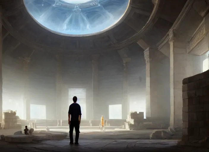 Image similar to interior of the temple of the moon, man standing in front of a huge circular window around volumetric lighting, rays of god, digital painting, highly detailed, artstation, sharp focus, illustration, concept art, ruan jia, steve mccurry, amazing composition