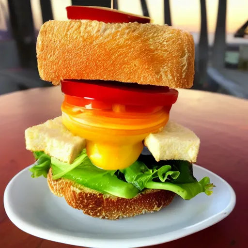 Image similar to sandwich with fried tofu, one tomato slice, mayonaisse, one onion ring, avocado, melted cheddar, over a dish that is over a table, with a sunset and rainbow in the background with saturn and stars in the sky