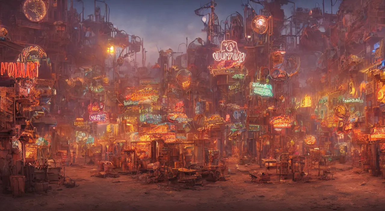 Image similar to a steampunk village in the desert, junk everywhere,neon lights, neon signs, magical atmosphere, mist, steam, photo realistic, 35mm, Matte painting, octane render, 8k, corona render, movie concept art by guido borelli da caluso