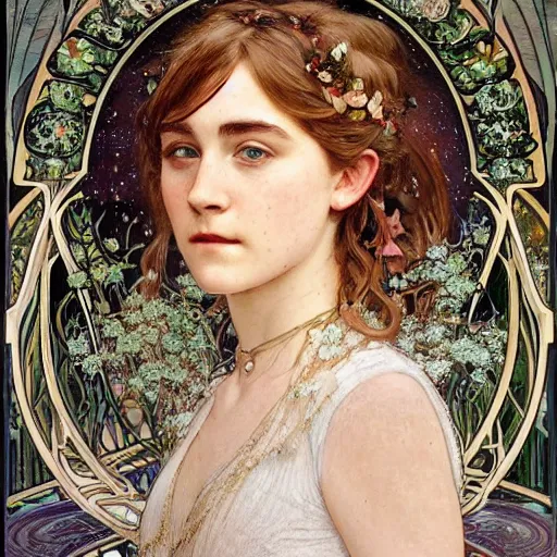 Image similar to a detailed, intricate art nouveau portrait painting of a girl who resembles 1 8 - year - old saoirse ronan and emma watson in a white bridal gown, in a garden of fireflies and glowing lanterns at night, by alphonse mucha, donato giancola, and john william waterhouse