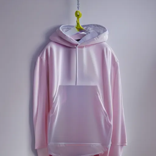 Image similar to an ultra high definition professional studio quality photograph of a transparent iridescent perspex pastel coloured hoodie on white coat hook in an empty white room. dramatic lighting, ray tracing, refraction, shallow d. o. f, colour corrected, golden ratio, three point light. volumetric shadows. god rays.