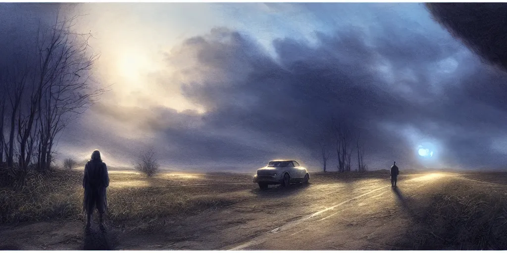 Image similar to drawing of lonely traveler on the road, blue sunrise on the background, by alan lee, concept art, detailed terrain, insanely detailed and intricate, highly detailed, cinematic lighting, concept art, sharp focus, illustration, artstation