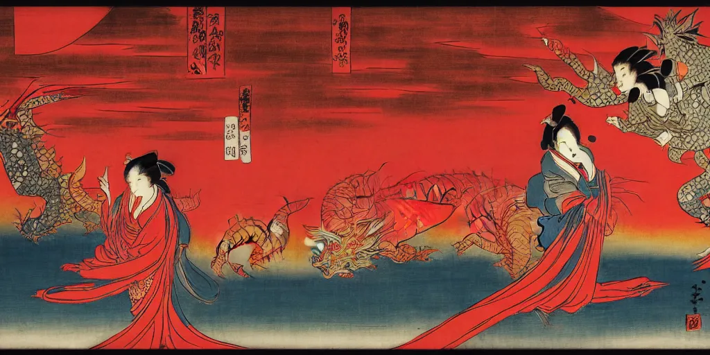 Image similar to The Great Red Dragon and the Woman Clothed with the Sun, at dusk, by Utagawa Kuniyoshi, dramatic lighting, high contrast colors, panoramic view, as trending on Artstation,