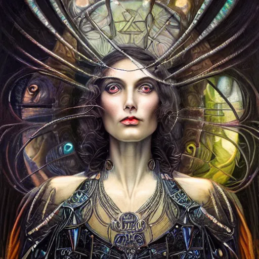 Image similar to beautiful closeup portrait of an art deco witch, glowing eyes. reflective detailed textures, moth wings, highly detailed dark fantasy science fiction painting by tom bagshaw and michael whelan and diego rivera and annie swynnerton and jean delville, elaborate geometric ornament, ancient runes, silver and cool colors. artstation