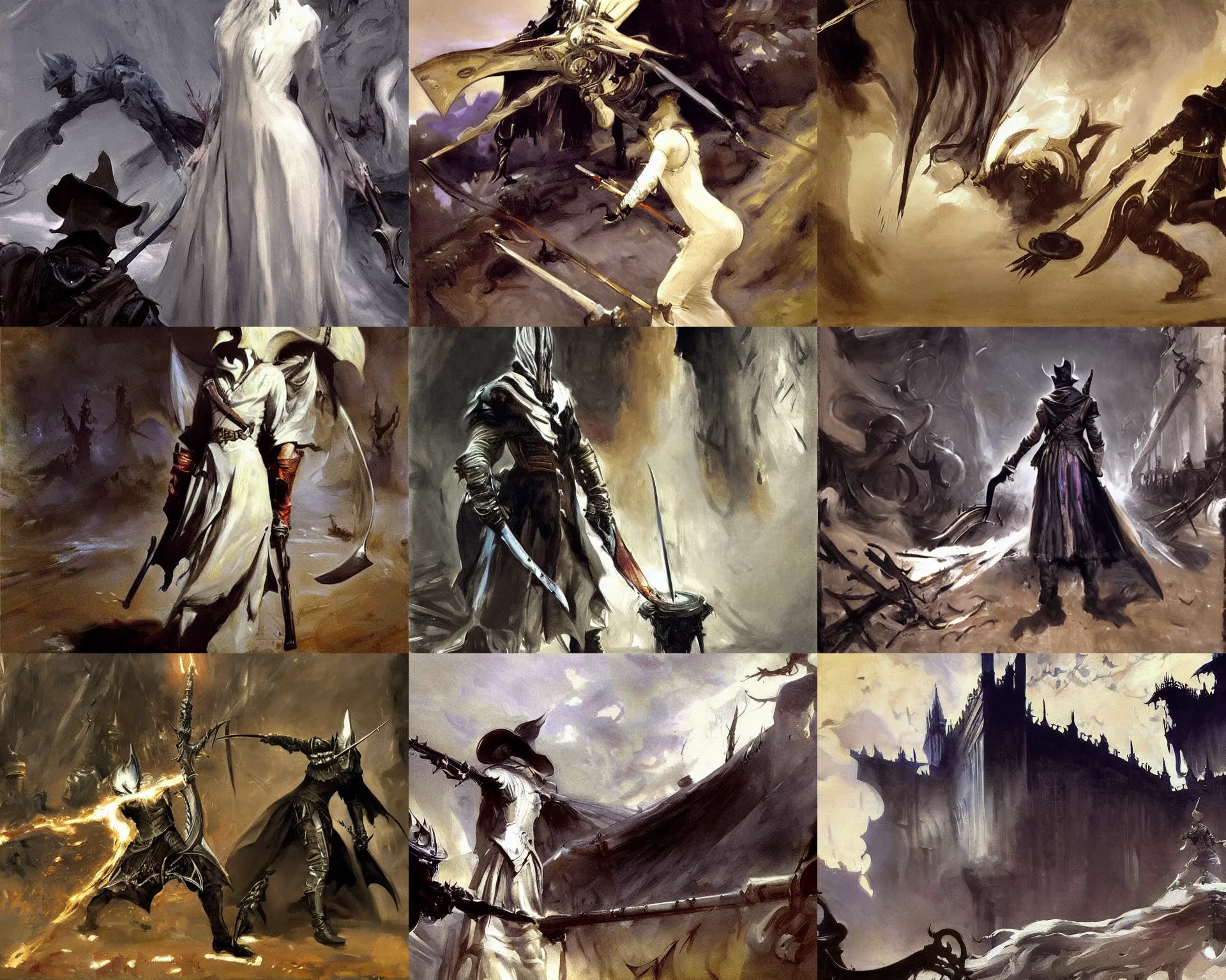 Prompt: painting by john singer sargent, bloodborne and dark souls.