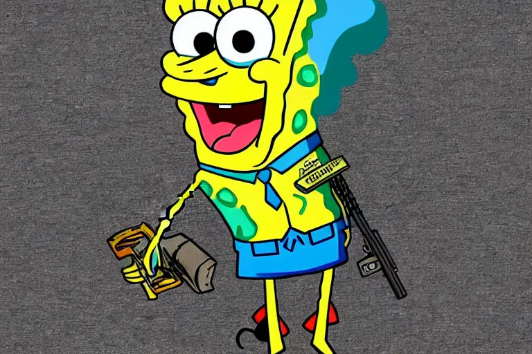 Prompt: spongebob holding a shotgun