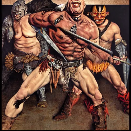 Prompt: grinning pit bull barbarian, fantasy warrior, drooling, ultra detailed, rule of thirds, crispy, super sharp, 4 k, style of norman rockwell, style of richard corben.