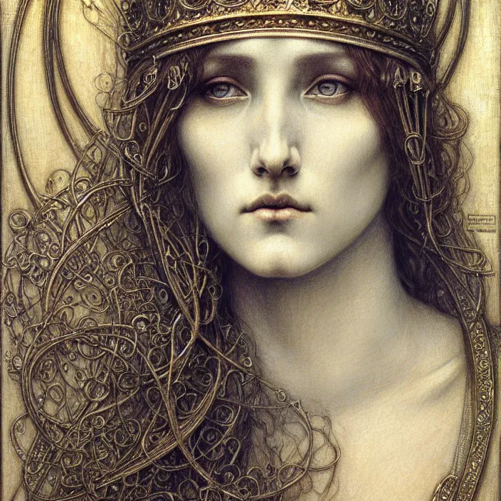 Image similar to detailed realistic beautiful young medieval queen face portrait by jean delville, gustave dore and marco mazzoni, art nouveau, symbolist, visionary, gothic, pre - raphaelite. horizontal symmetry