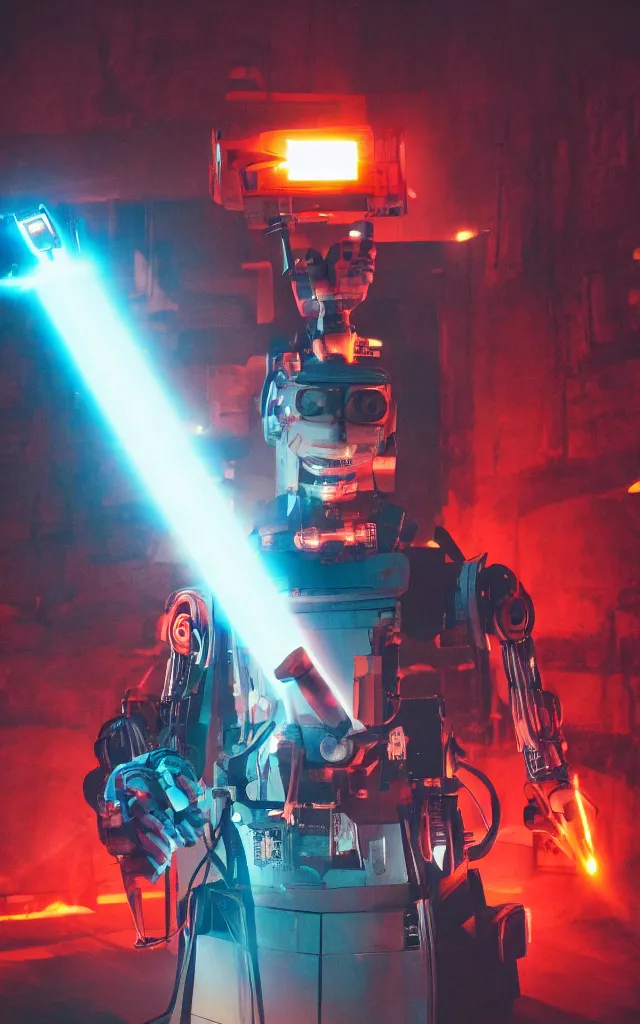 Image similar to Robotic Pope shooting bright lasers, 80s, science fiction, cyberpunk, neon, low angle shot, cross, pope, movie poster, futuristic, pontifex