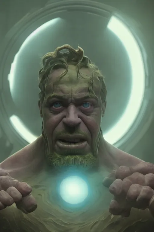 Prompt: a still of sam hyde as thanos in avengers endgame emerging a galactic portal, octane render, rule of thirds, sigma look, beautiful