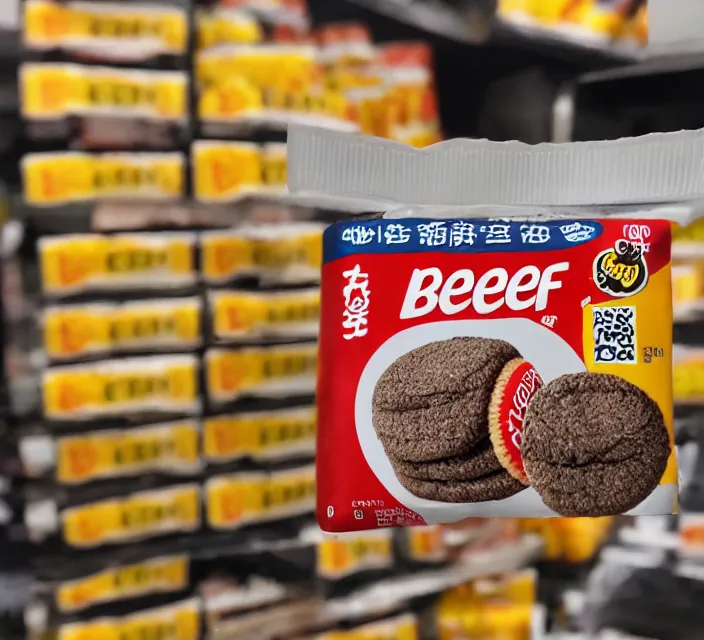 Prompt: a package of beef flavored oreos on a store shelf, photo, shot on iphone