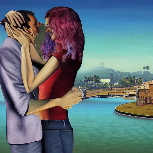 Image similar to surrealism painting of love by gta 5