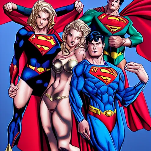 Image similar to superman surrounded by his superheroine harem, drawn by artgerm