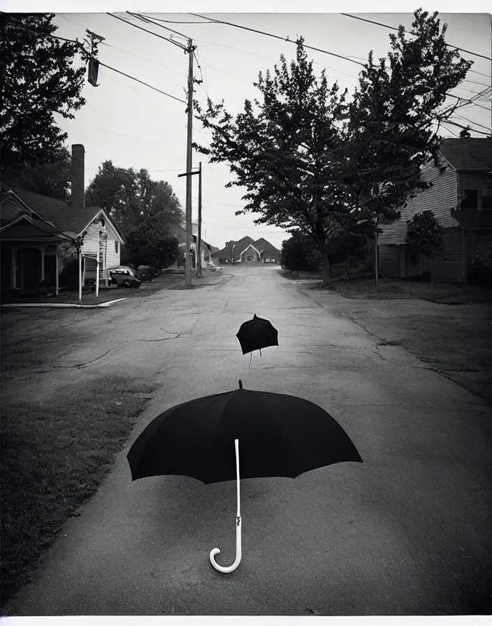 Image similar to “ gregory crewdson, photograph, quiet american neighborhood, a woman waiting with a black umbrella ”