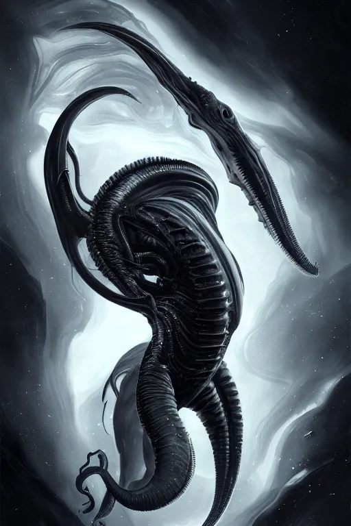 Prompt: black and white, deep space, nebula, giant xenomorph alien mixed with sharks extra teeth, tentacles, highly detailed, digital painting, artstation, concept art, smooth, sharp focus, illustration, unreal engine 5, 8 k, art by carlos huante and greg rutkowski and alphonse mucha and ifbb pro fitness photograph