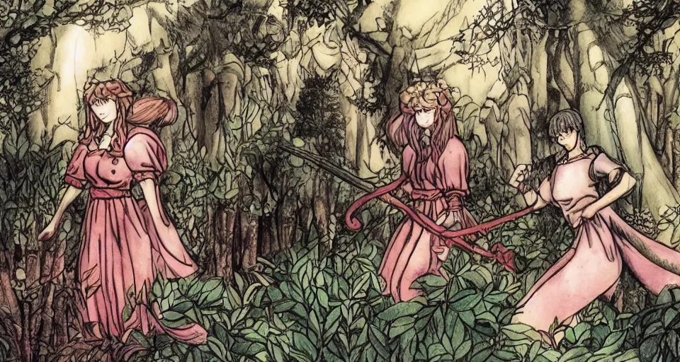 Prompt: Enchanted and magic forest, from Berserk