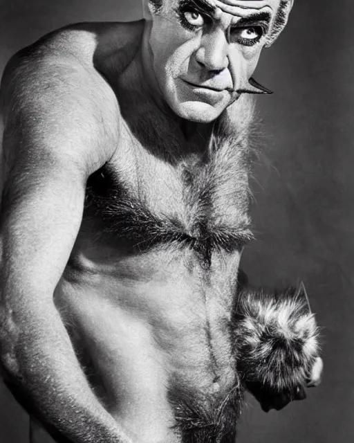 Image similar to actor Sean Connery in Elaborate Pan Satyr Goat Man Makeup and prosthetics designed by Rick Baker, Hyperreal, Head Shots in the style of Annie Leibovitz