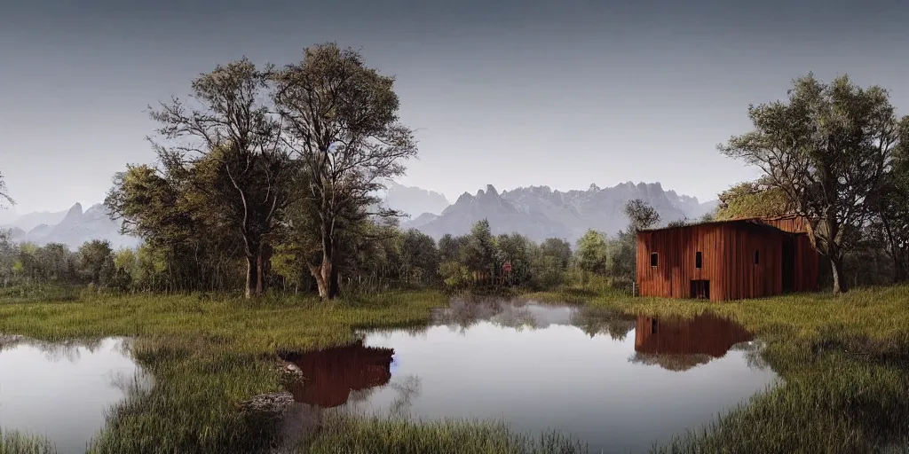 Prompt: A wooden house with a long legs walking through the pond surrounded by trees. Mountains in the background. Beksinski style