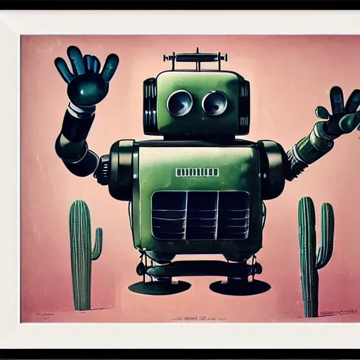 Prompt: extreme wide shot of a 1950s retro Cactus robot, with space above the head. full body framed. Bionic Arms and eyes. pop surrealism, poster art, muted colours. by Jean-Baptiste Monge, wide shot