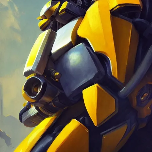 Image similar to greg manchess portrait painting of bumblebee the transformer as overwatch character, medium shot, asymmetrical, profile picture, organic painting, sunny day, matte painting, bold shapes, hard edges, street art, trending on artstation, by huang guangjian, gil elvgren, ruan jia, greg rutkowski, gaston bussiere