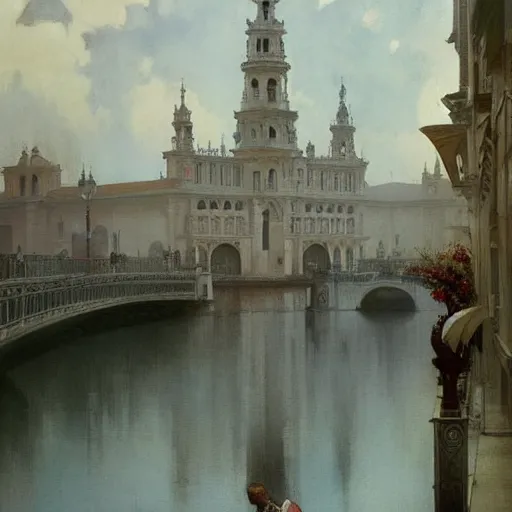 Image similar to sevilla city of spain, reflexions, verry high details by william turner art, greg rutkowski and alphonse mucha, trending on artstation, very very detailed, masterpiece,