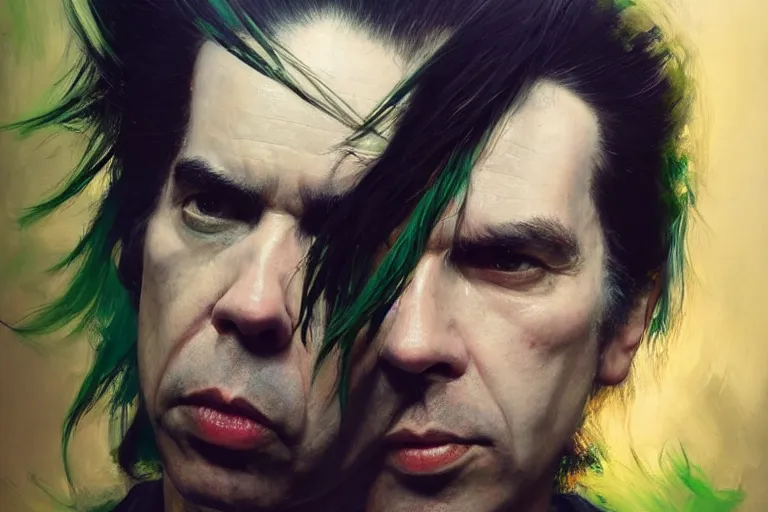 Prompt: a portrait of nick cave with green hair, masterpiece, dramatic lighting, stunning painting by ruan jia, jakub rebelka and artgerm