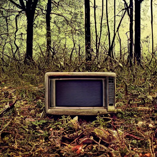 Image similar to a 1970's television abandoned in a forest, overgrown with vines, 4k, realistic
