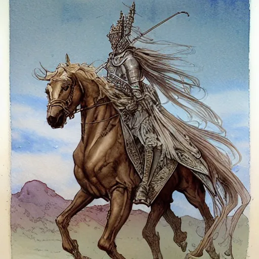 Image similar to a realistic and atmospheric watercolour fantasy concept art of a knight on a white horse, muted colors. by rebecca guay, michael kaluta, charles vess and jean moebius giraud,