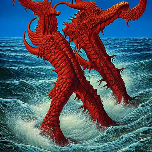 Prompt: landscape artwork of demonic hydra, giant two headed monster emerging from the sea, artwork by Greg Hildebrandt. Horns and sharp teeth