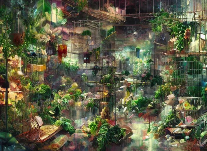 Image similar to messy cozy store with cluttered hanging cages and bright aquariums, dense verdant foliage, dim painterly lighting, impasto, trending on pixiv