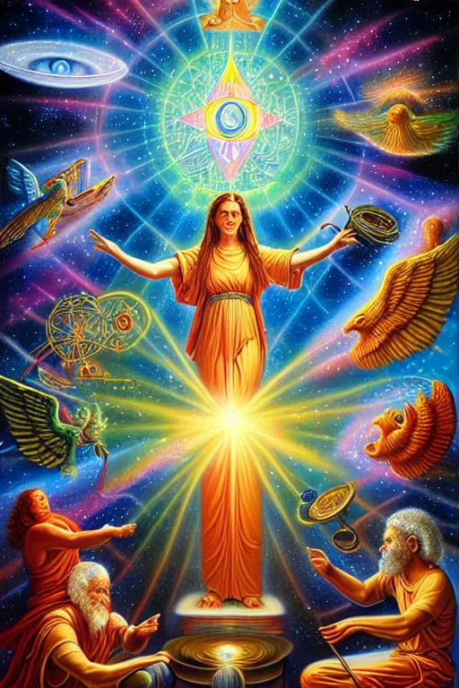 Prompt: a photorealistic detailed image of spiritual evolution, science, divinity, utopian, mathematics, futuristic, by jason felix, david a. hardy, kinkade, lisa frank, wpa, public works mural, socialist