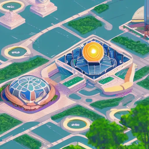 Image similar to a beautiful illustration of an isometric stylized EPCOT, screenshot from VMK, screenshot from YoWorld, featured on artstation