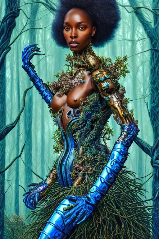 Image similar to hyperrealistic post - rococo super gorgeous! black woman with exoskeleton armor, merging with tree in a forest, highly detailed digital art masterpiece smooth cam de leon hannah yata dramatic pearlescent blue teal light ground angle hd 8 k sharp focus