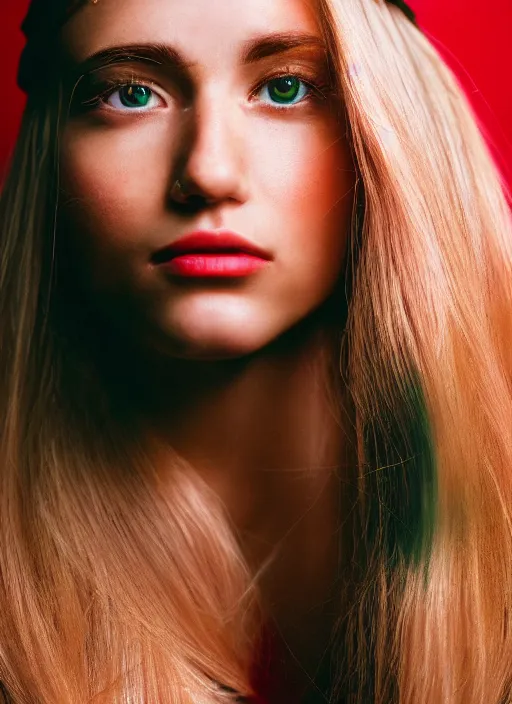 Image similar to kodak portra 400,High details,Colourful lighting, red and green, lighting, photo portrait, extreme close-up a beautiful woman with blond hair , high quality ,photo-realistic, sigma art 85mm F1.4