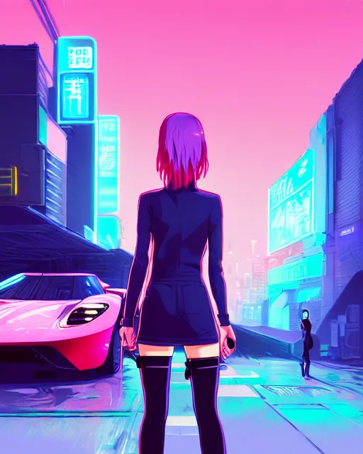 Image similar to digital illustration of cyberpunk pretty girl with pink hair, standing by a blue ford gt in a street at night, under streetlights, by makoto shinkai, ilya kuvshinov, lois van baarle, rossdraws, basquiat