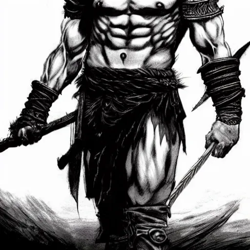 Image similar to god of war, kratos, fight scene still, manga, detailed drawing, featured on pixiv, gothic art, official art, by kentaro miura