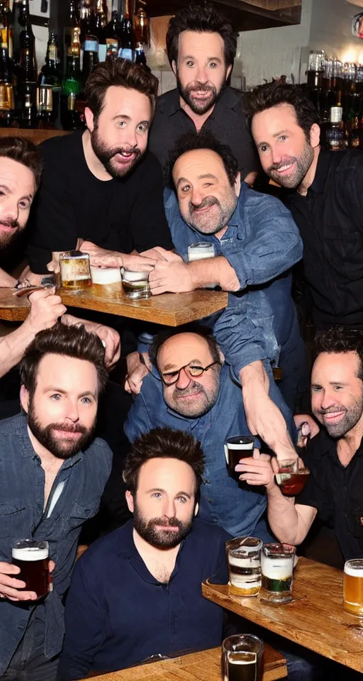 Image similar to charlie day, rob mcelhenney, glenn howerton, kaitlin olson, and danny devito are drinking beer together at a pub