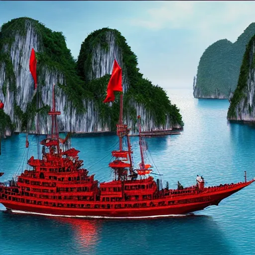 Prompt: The battle for Halong bay, warships, red water, galleon, photoreal, highly detailed