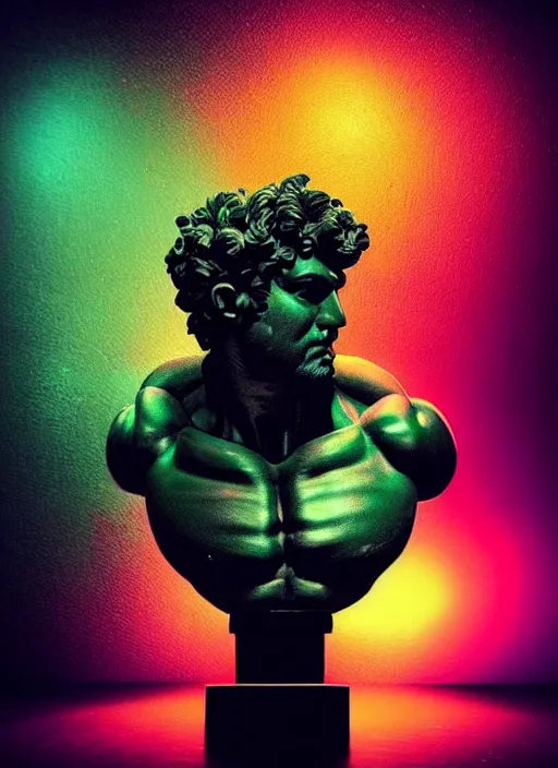 Image similar to bust of hercules, beeple, android jones, vaporwave, retrowave, black background, neon wiring, black, glitch, strong contrast, cuts, pinterest, trending on artstation