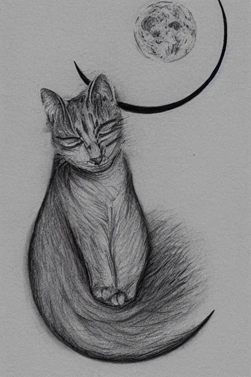 Prompt: cat asleep on moon, pencil art