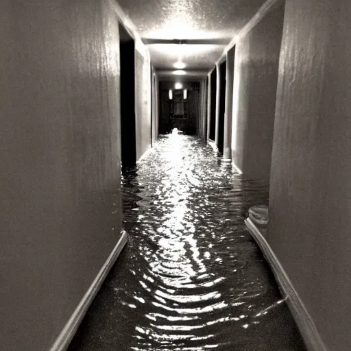 Image similar to a hallway that was built in 1 9 0 1 flooding with musty water, phone camera flash, grainy footage, liminal space, dark, eerie,