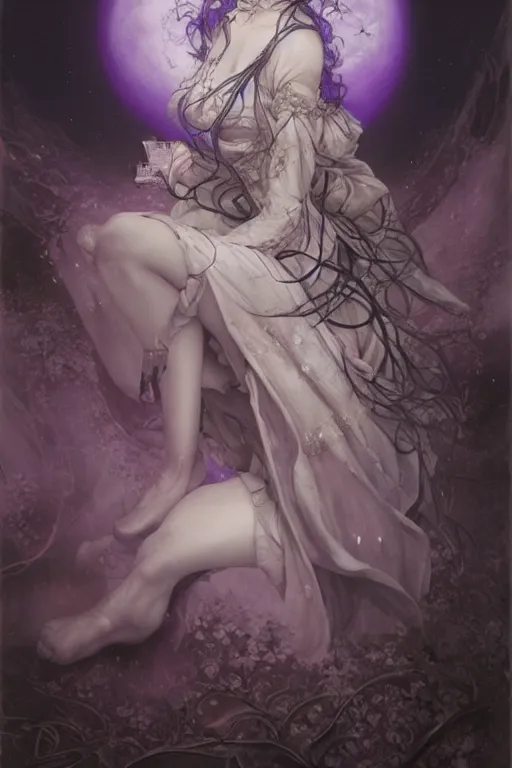 Image similar to breathtakingly beautiful painting of an elegant Gothic Lolita woman, beautiful hair, symmetrical face, moonlit purple sky, matte painting by brian froud, Shaun Tan , WLO and Peter Mohrbacher, highly detailed, intricate, ,award winning artwork, trending on artstation, high quality printing, fine art with subtle redshift rendering