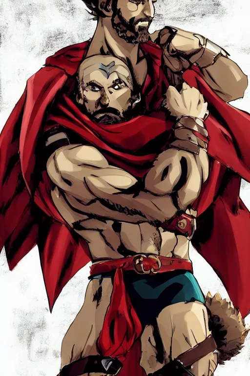 Prompt: Bearded handsome-spartan man Gerard-butler wearing red-cape, bodybuilder posing, portrait, JoJo cover art, JoJo anime style, David Production, style of Vento Aureo cover art, style of Stone Ocean cover art, style of Steel Ball Run cover art, style of JoJolion cover art, Ilya Kuvshinov style, Alexandra Fomina ArtStation, illustrated by Hirohiko Araki