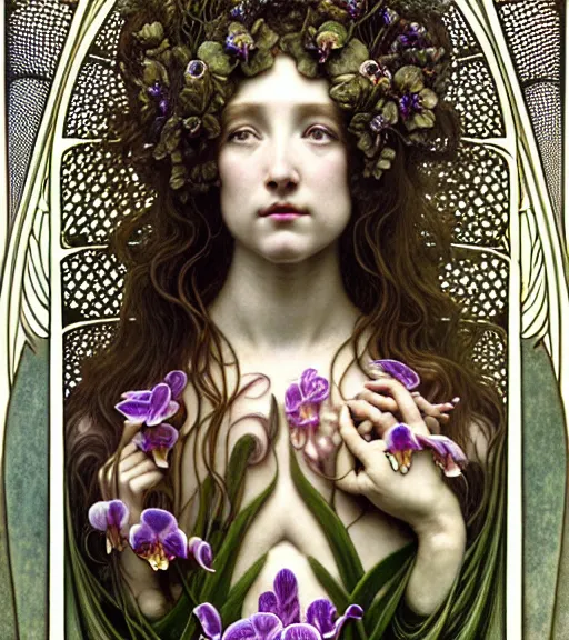 Prompt: beautiful orchid fairy detailed realistic porcelain face portrait by jean delville, gustave dore, iris van herpen and alphonse mucha, art forms of nature by ernst haeckel, art nouveau, symbolist, visionary, gothic, neo - gothic, pre - raphaelite, fractal lace, intricate alien botanical biodiversity, surreality, hyperdetailed ultrasharp octane render