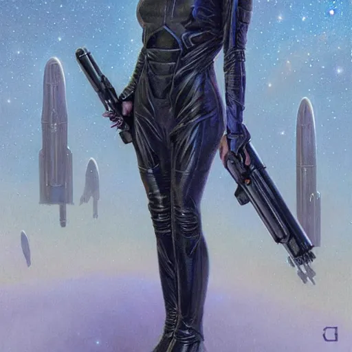 Prompt: pleiadian woman with big eyes and long silver hair wearing a dark body suit and wielding a plasma gun as a realistic sci fi character, portrait art by donato giancola and greg rutkowski, digital art, trending on artstation, standing in a barren field