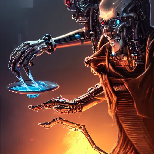 Prompt: an evil cybernetic magician releasing water spell, cyberpunk concept art, trending on artstation, highly detailed, intricate, sharp focus, digital art, 8 k