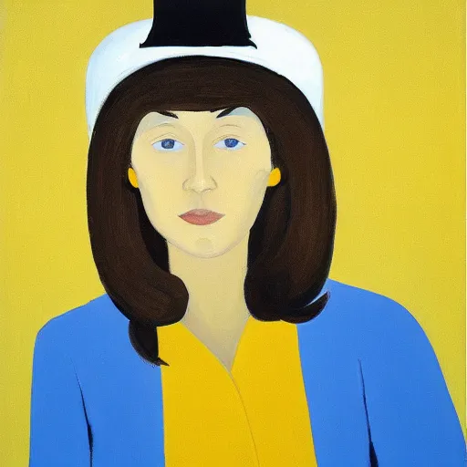 Image similar to woman with hat, by Alex Katz, colorful, yellow background, oil on canvas