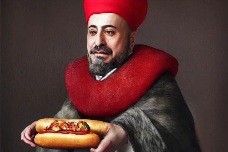 Image similar to Ottoman Sultan Mehmet IV eating a delicious hot dog, wearing big ovular turban and a luxurious Ottoman coat, mid-shot, cold lighting, photography from Vogue Magazine, neat, precise, realistic, detailed facial features, expressive, photorealistic, hyperrealism, micro details, HDR Shot, in the style of Martin Schoeller